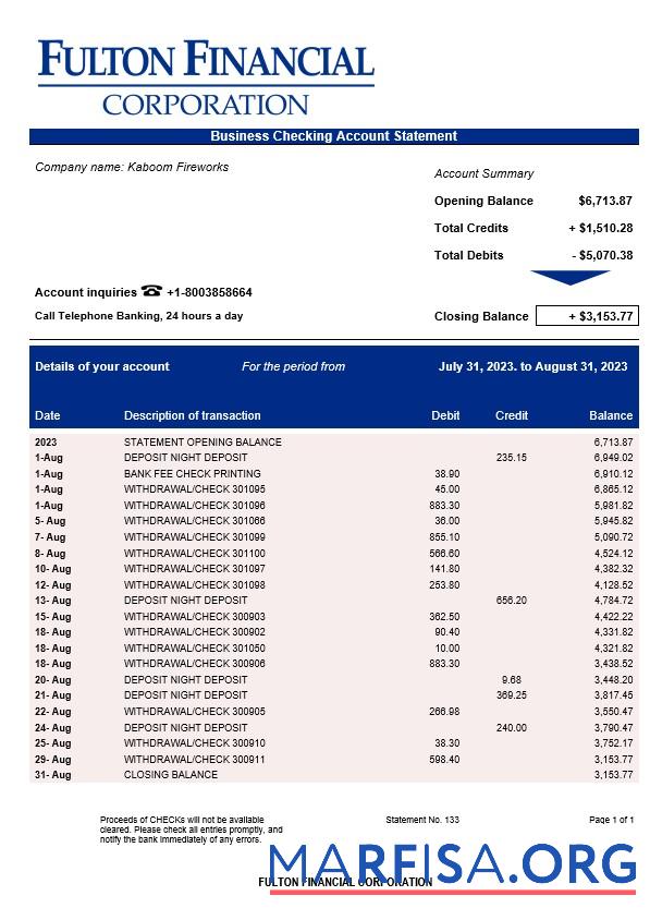 Downloadable Fulton Financial Corporation enterprise account statement Word and PDF template